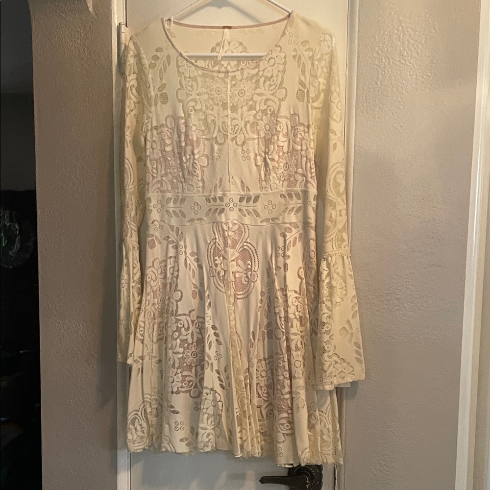 Free people Elegant Cream and Tan Patterned Dress